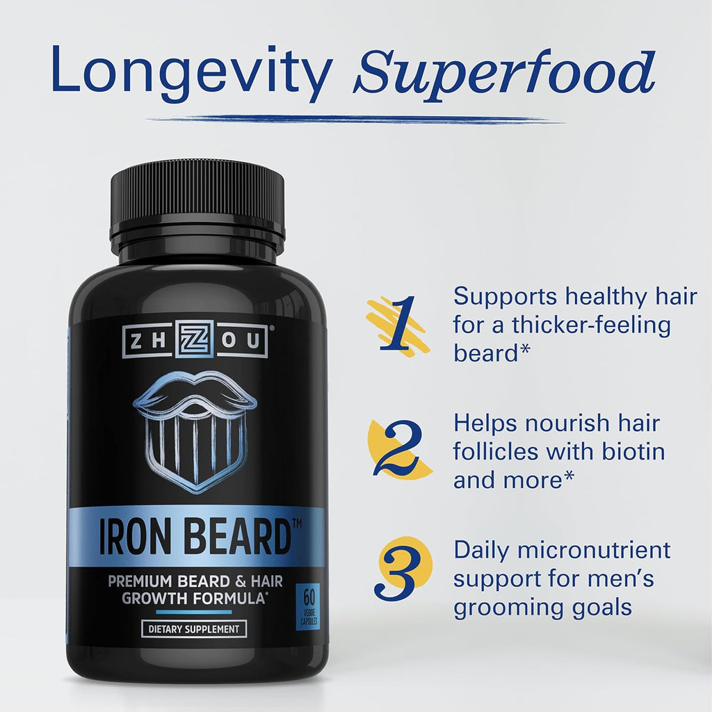 Zhou Iron Beard - Vitaminas para el Crecimiento de Barba con Biotina, Saw Palmetto y Vitaminas B - 60 Cápsulas Veganas