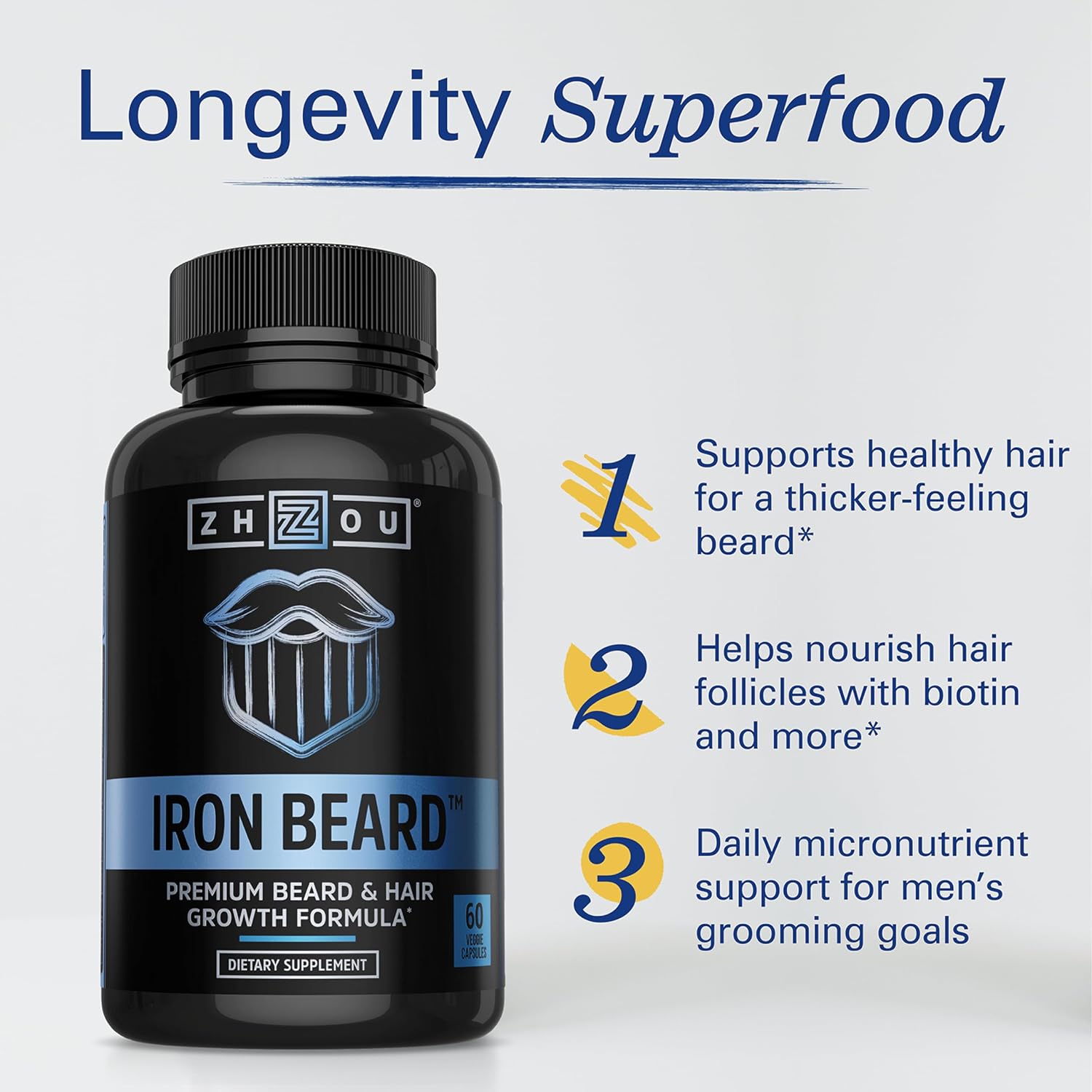 Zhou Iron Beard - Vitaminas para el Crecimiento de Barba con Biotina, Saw Palmetto y Vitaminas B - 60 Cápsulas Veganas