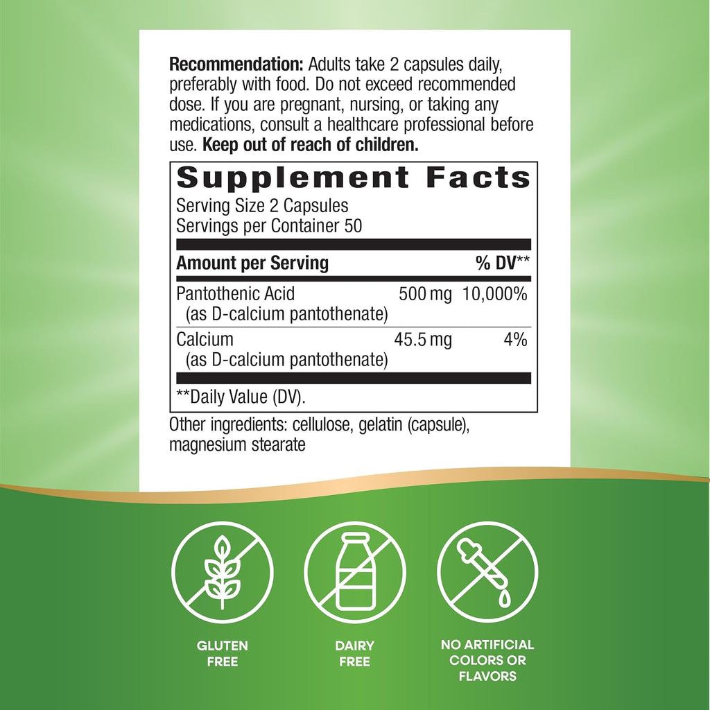 Nature's Way Ácido Pantoténico (Vitamina B5) 500mg, 100 Cápsulas