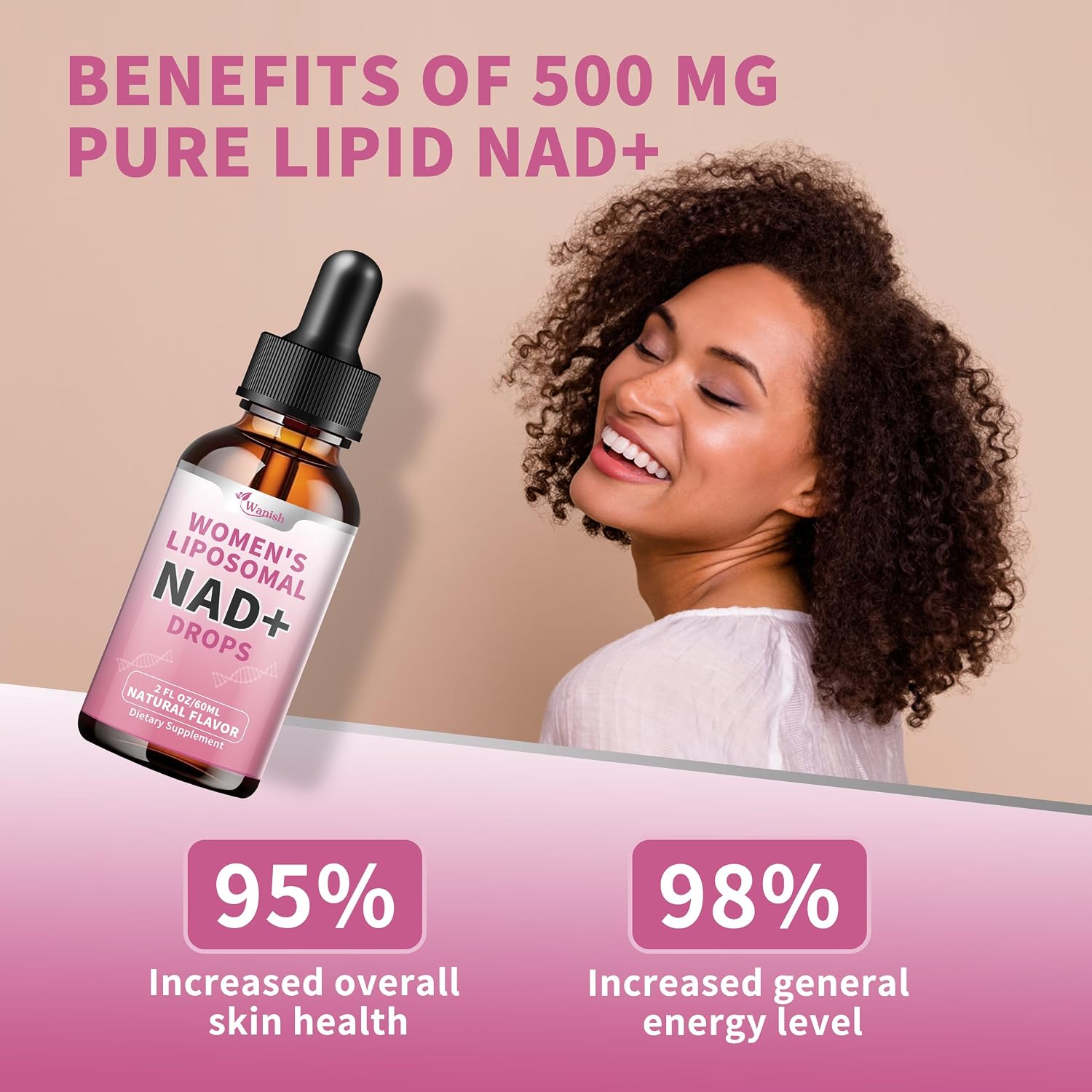 Wanish Liposomal NAD Líquido 500 mg para Mujeres - Nicotinamida, Vegano, Sin Azúcar, 60 ml