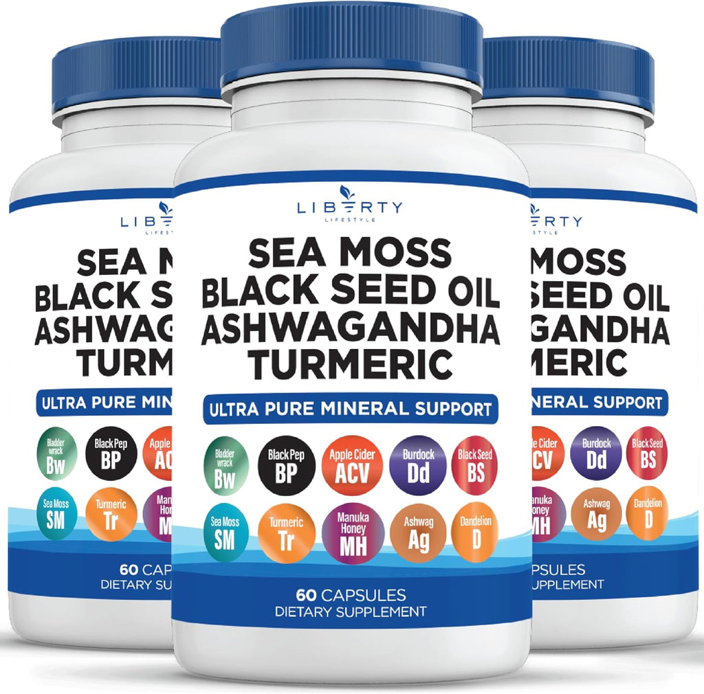 Liberty Lifestyle Sea Moss Black Seed Oil Ashwagandha Turmeric Bladderwrack Burdock - con Manuka, Honey Dandelion, ACV Black Pepper Gluten Free - 1-Pack