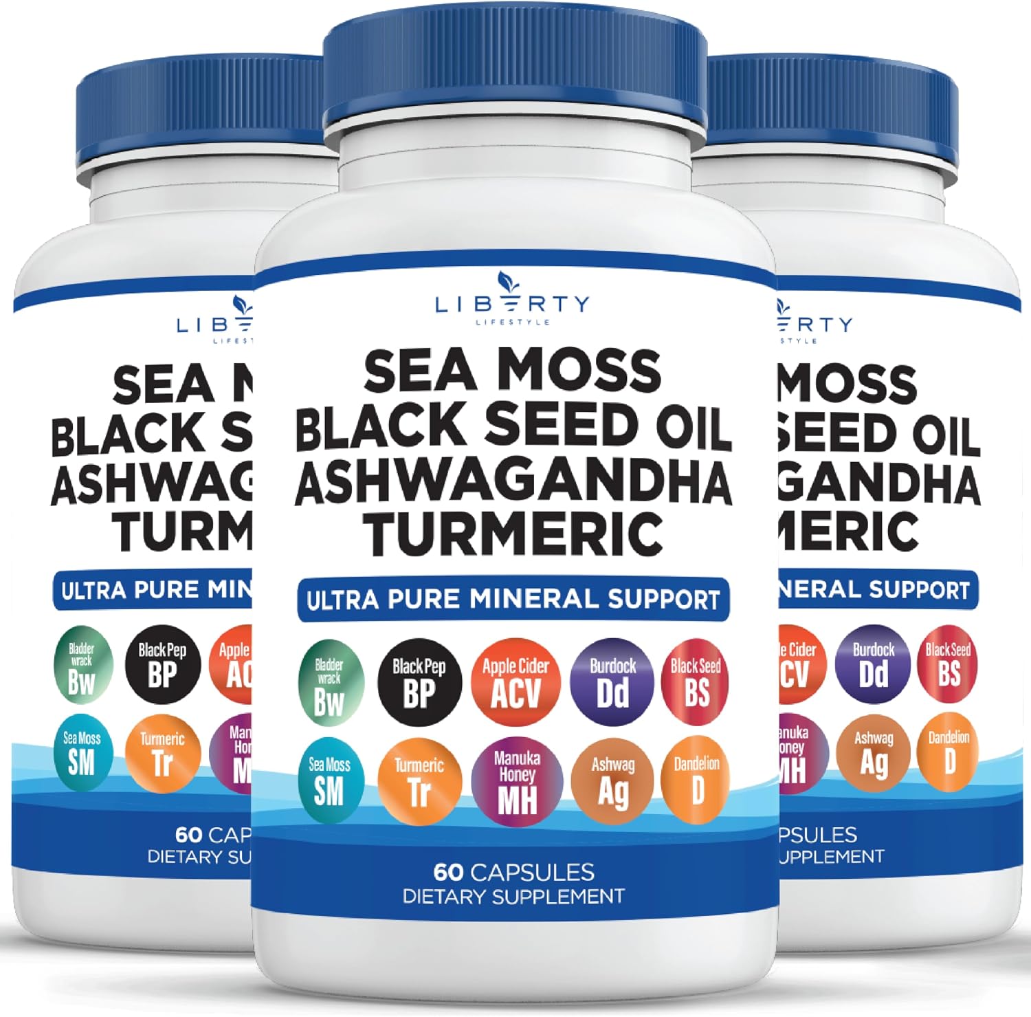 Liberty Lifestyle Sea Moss Black Seed Oil Ashwagandha Turmeric Bladderwrack Burdock - con Manuka, Honey Dandelion, ACV Black Pepper Gluten Free - 1-Pack