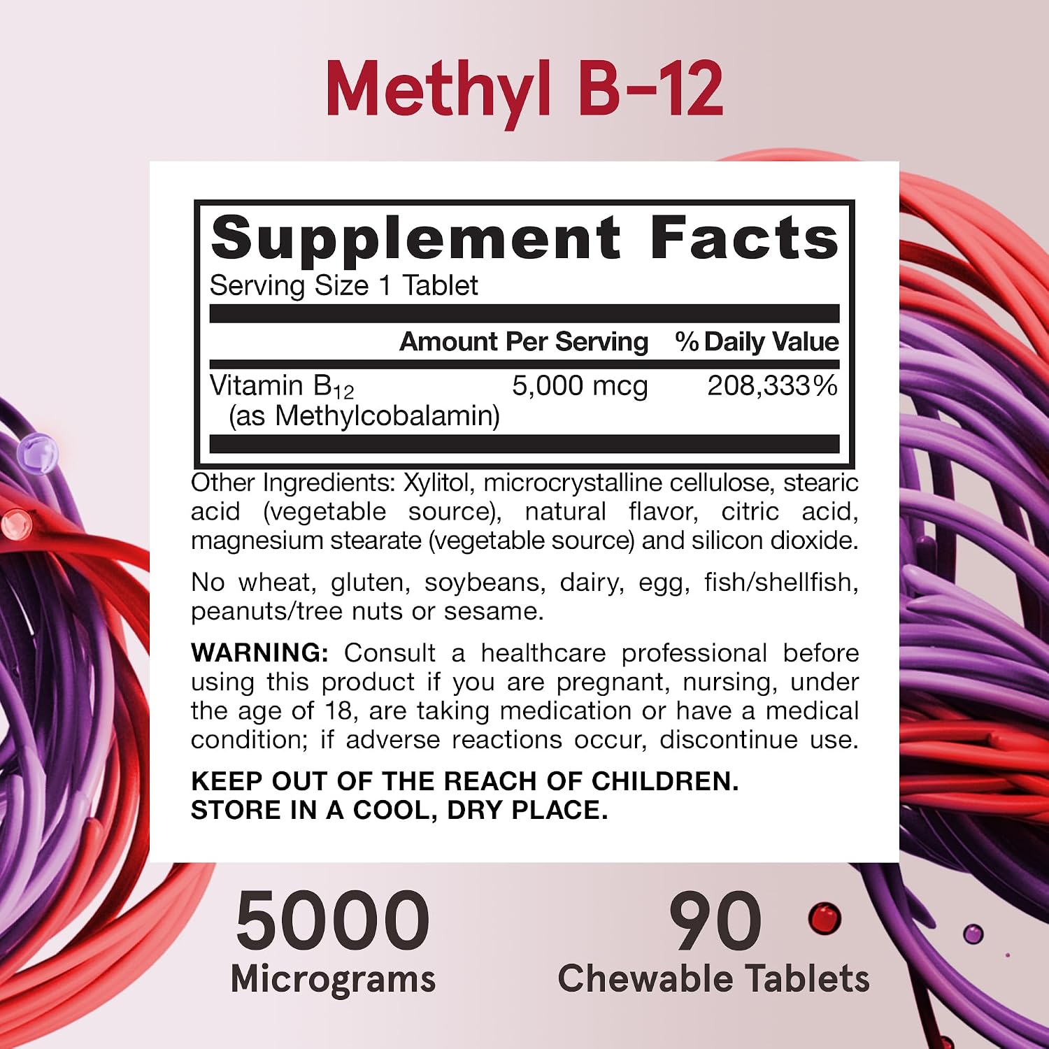 Jarrow Formulas Vitamina B12 5000 mcg - Metilcobalamina Activa, 90 Comprimidos Masticables Sabor Cereza
