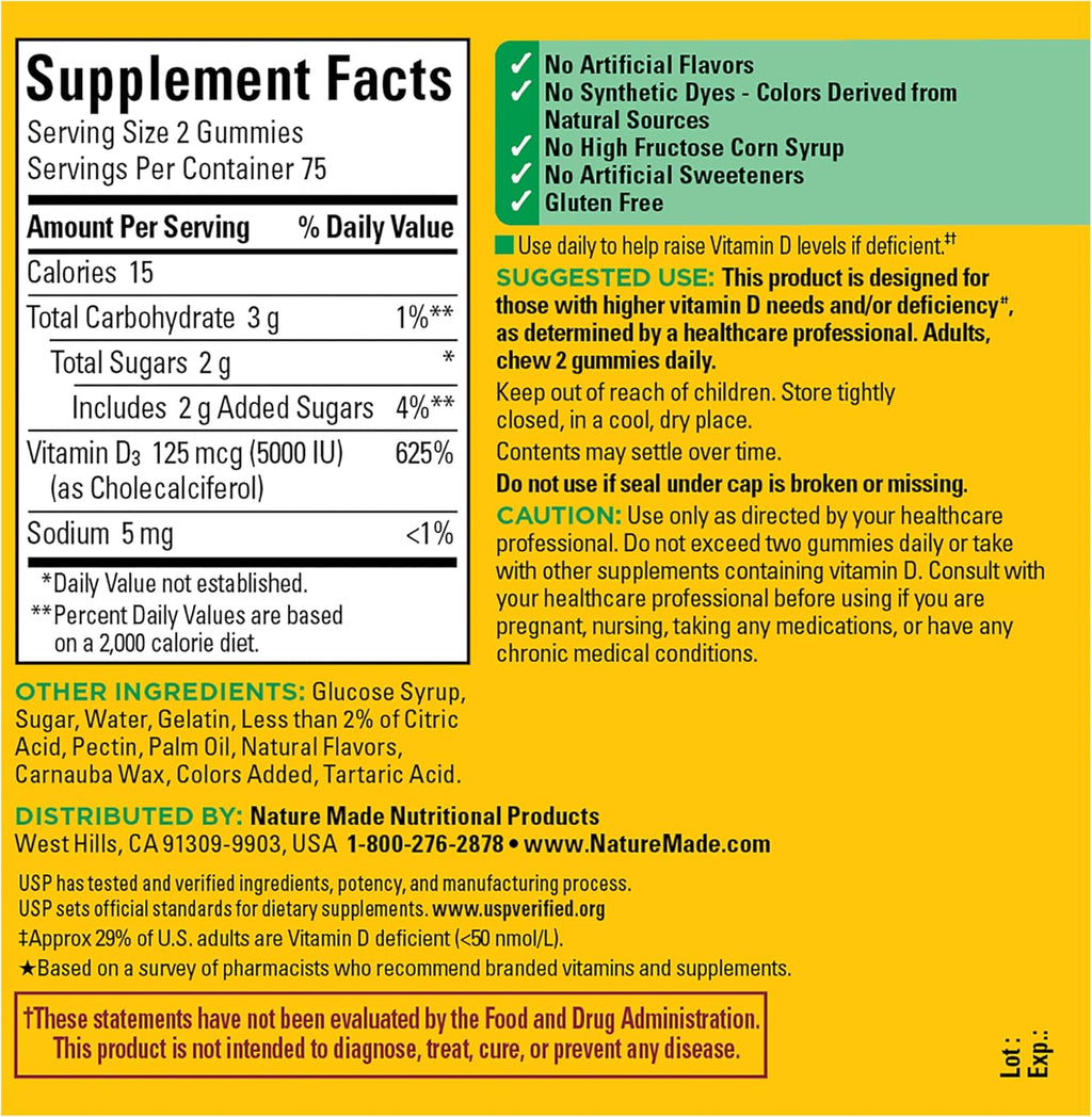 Nature Made Vitamina D3 5000 UI Gominolas Extra Strength, 150 Gominolas
