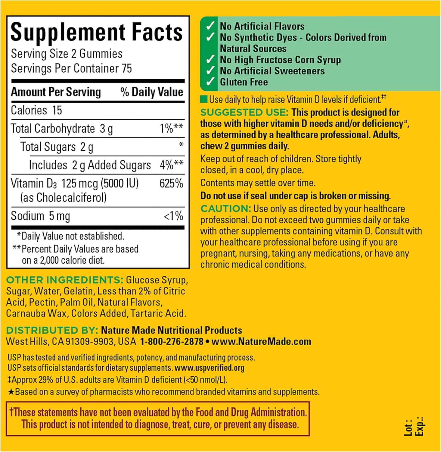 Nature Made Vitamina D3 5000 UI Gominolas Extra Strength, 150 Gominolas