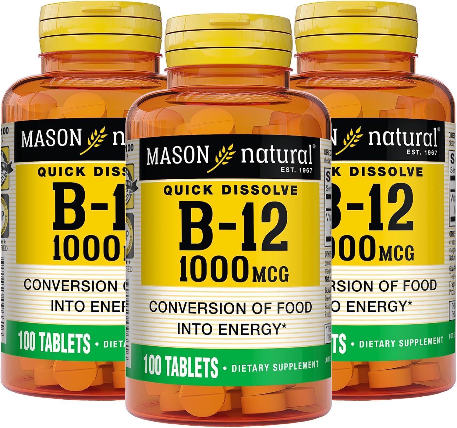 MASON NATURAL Vitamina B-12 1000 mcg Disolución Rápida 300 Días (3 Paquetes)