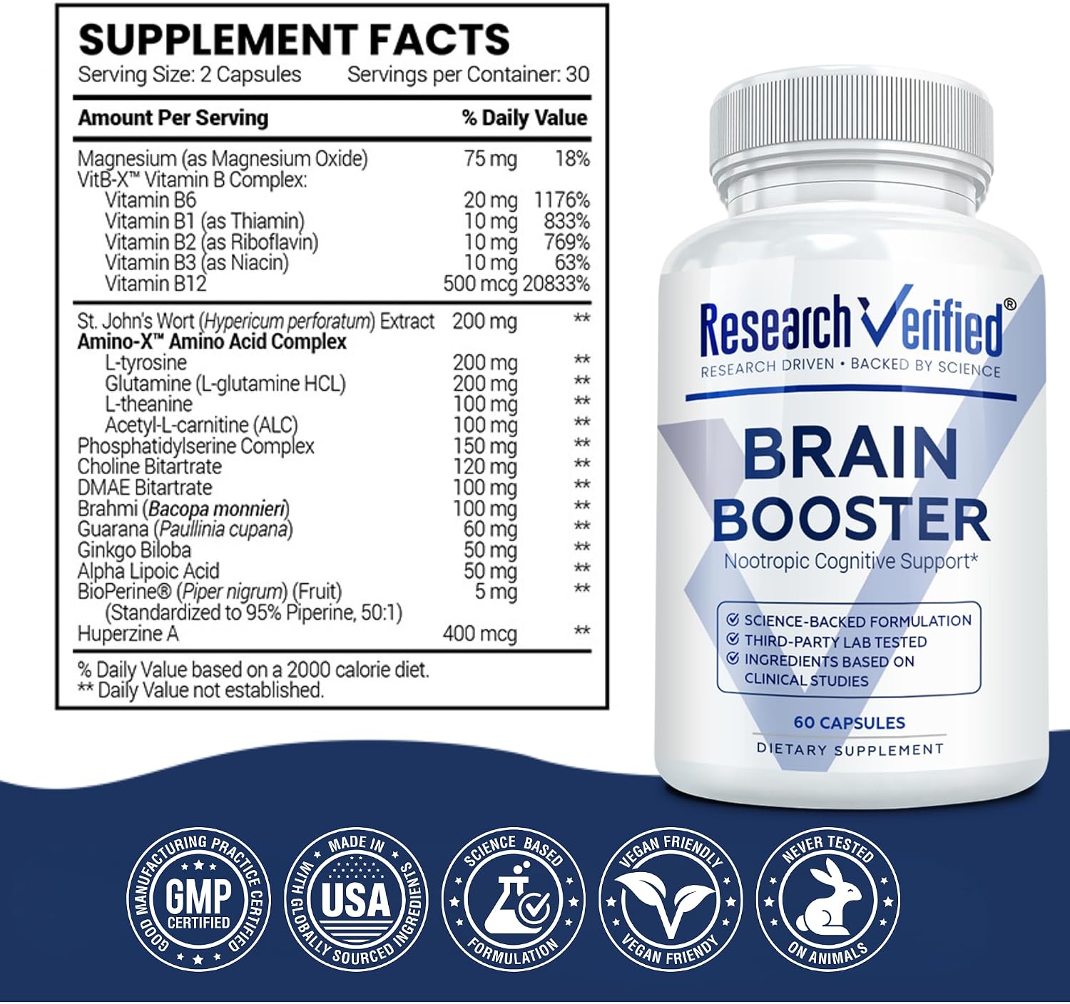 Research Verified Brain Booster - Complemento Nootrópico para Memoria y Enfoque - 360 Cápsulas Veganas