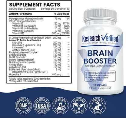 Research Verified Brain Booster - 180 – Extractos herbales : Ginkgo Biloba, Bacopa Monnieri, Hierba de San Juan y – Image 6