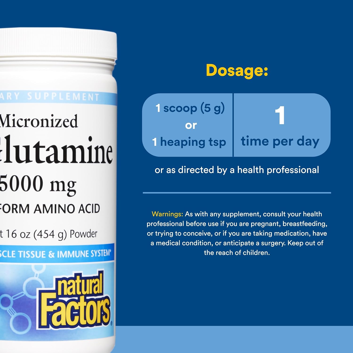 Natural Factors L-Glutamina Micronizada en Polvo - 5000 mg por ración - 454 g (90 raciones)