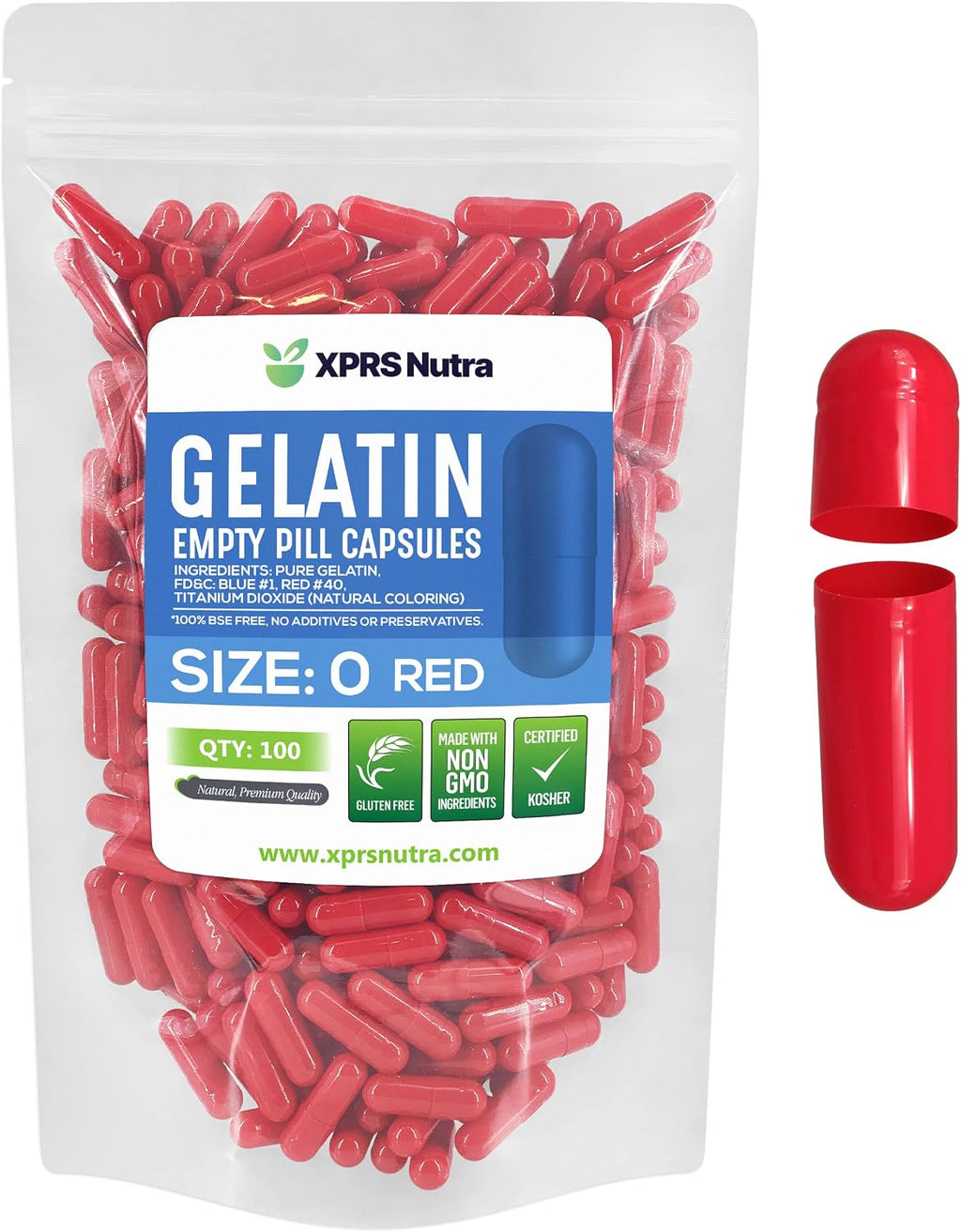 XPRS Nutra Empty Capsules Size 0 - 100 Gelatin Caps - Fillable Capsules (Red)