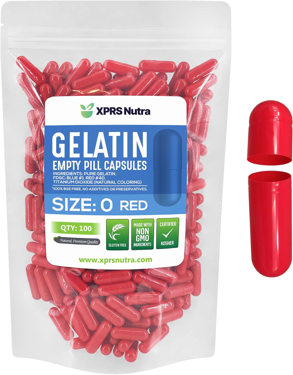 XPRS Nutra Empty Capsules Size 0 - 100 Gelatin Caps - Fillable Capsules (Red)