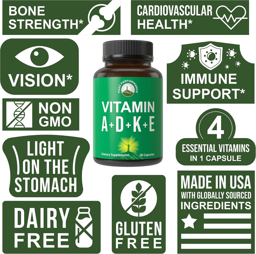 Peak Performance Vitaminas A, D3, E, K – 5.000 UI D3 – Cápsula Vegana – Apoyo para Huesos, Inmunidad y Visión