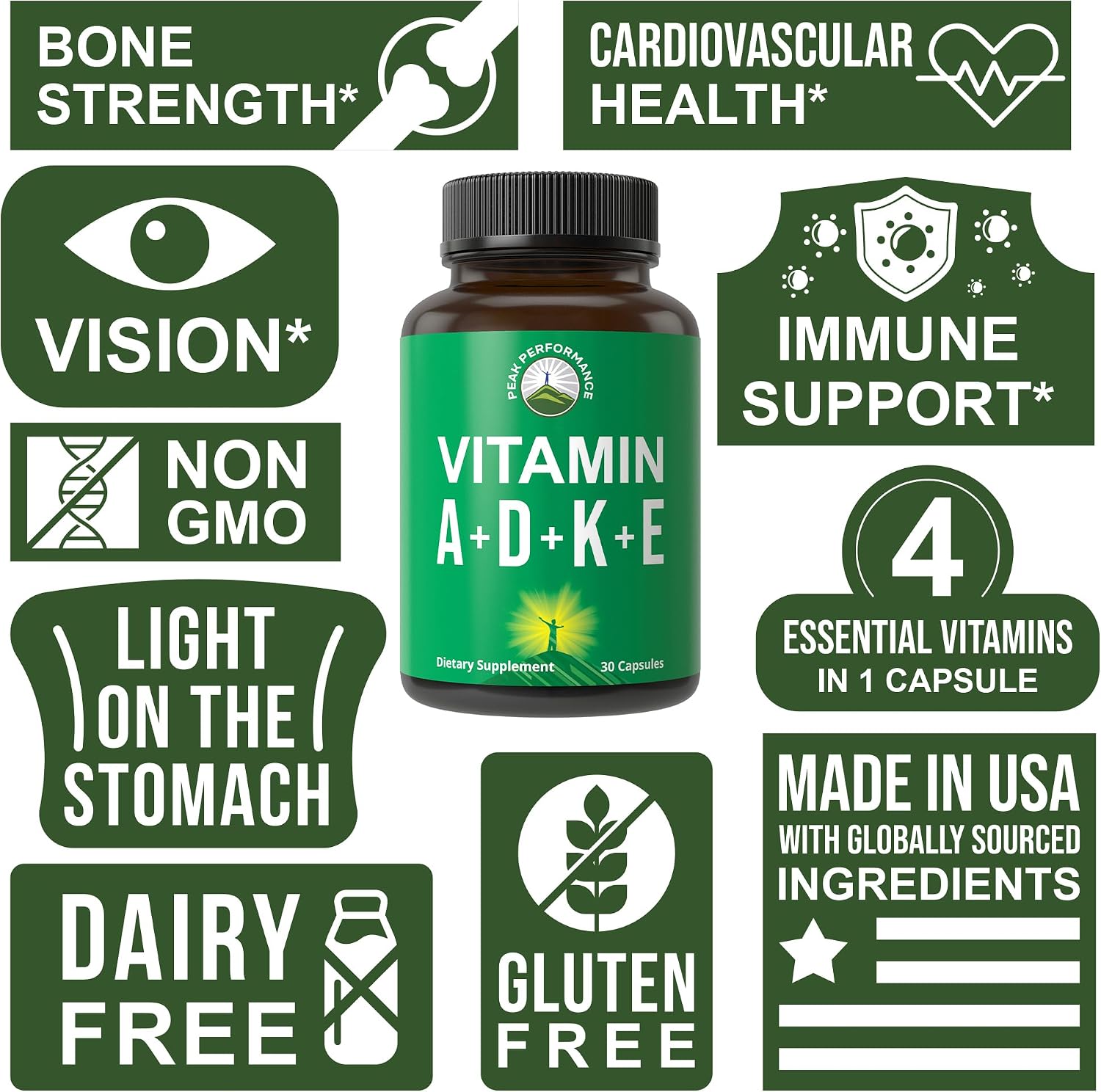 Peak Performance Vitaminas A, D3, E, K – 5.000 UI D3 – Cápsula Vegana – Apoyo para Huesos, Inmunidad y Visión