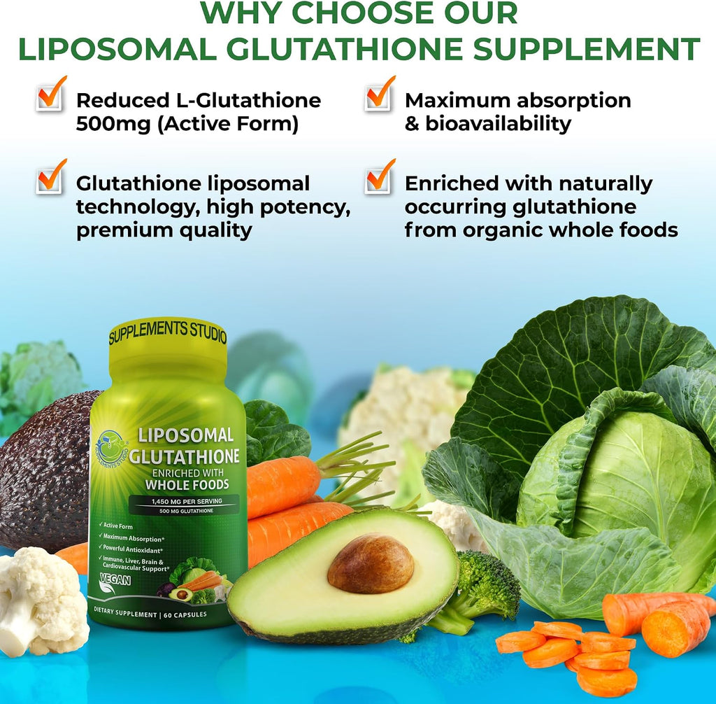 Liposomal Glutathione 500mg - Active Form L Glutathione (Reduced) for Maximum Absorption - Made with Organic Whole Foods - Master Antioxidant & Detoxifier - Immune & Cardiovascular Support - 60 count