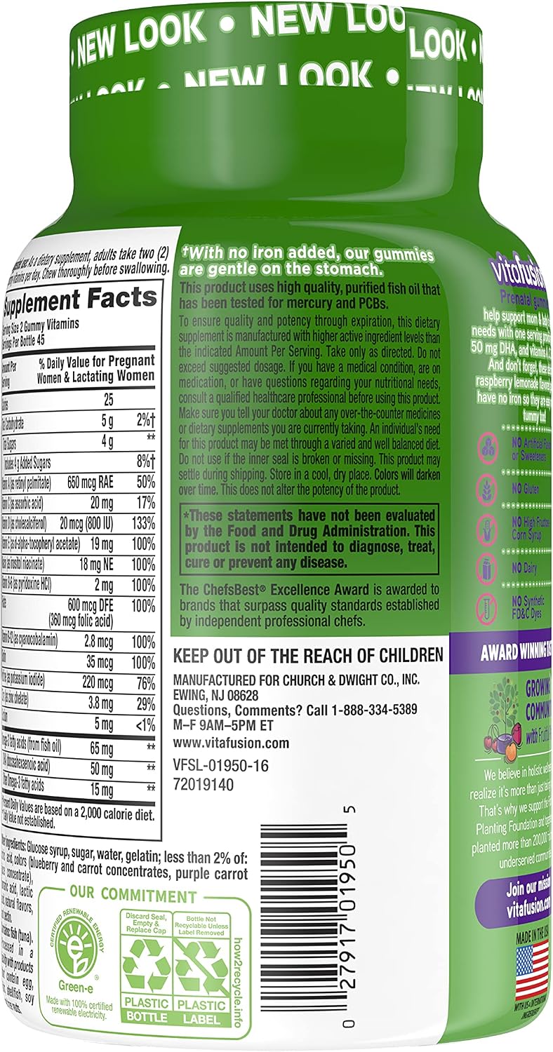 Vitafusion PreNatal Vitaminas en Gominolas, Sabor Natural Limón y Frambuesa Limonada, 90 Gominolas