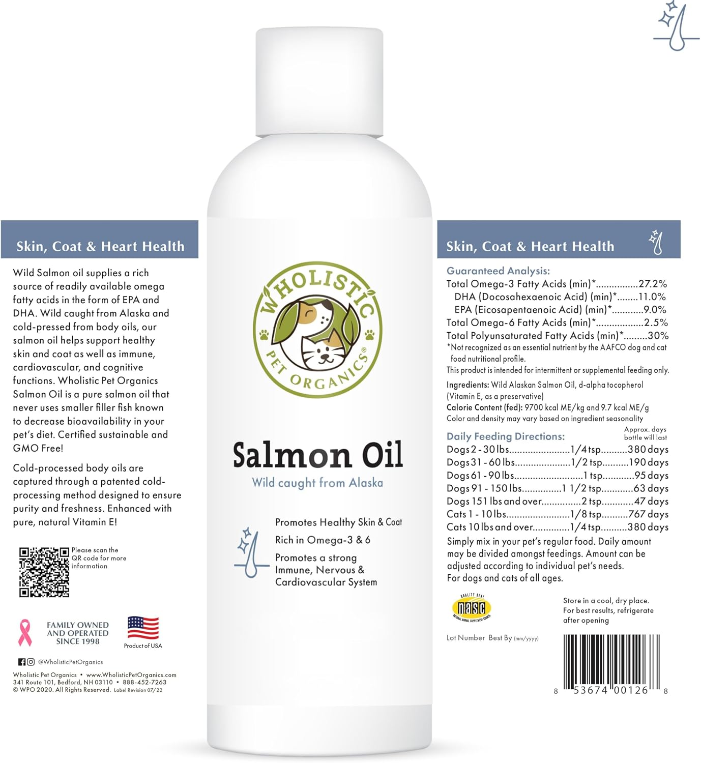Wholistic Pet Organics Aceite de Salmón Salvaje de Alaska para Perros y Gatos - Omega 3 Liquido - 4 oz