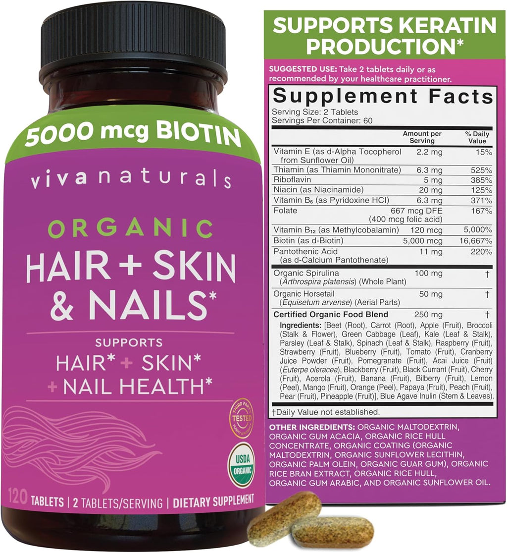 Viva Naturals Biotina 5000 mcg para Cabello, Piel y Uñas – Suplemento Orgánico y Vegetariano – 120 Comprimidos