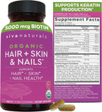 Viva Naturals Biotina 5000 mcg para Cabello, Piel y Uñas – Suplemento Orgánico y Vegetariano – 120 Comprimidos