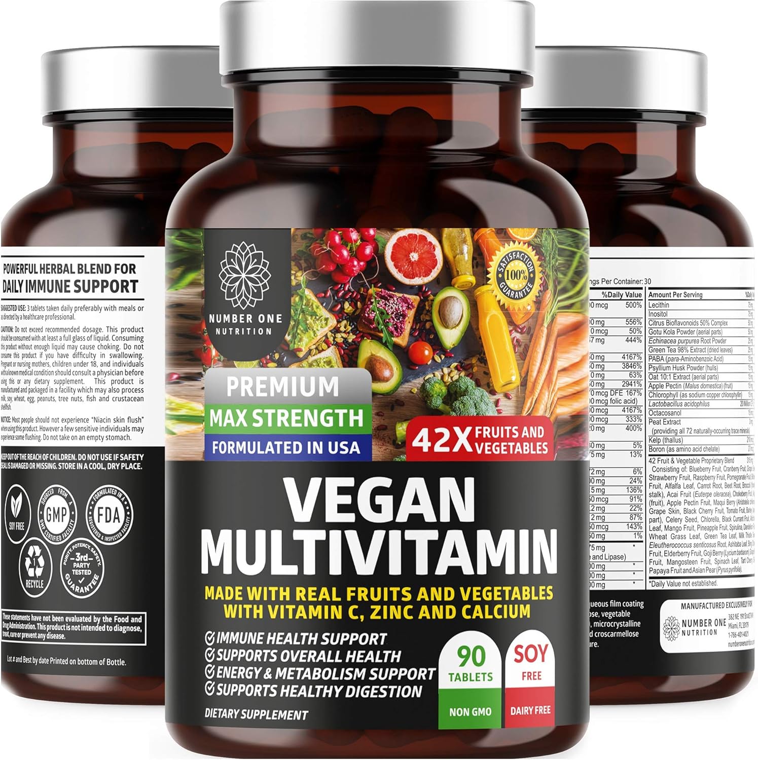 N1N Premium Multivitamínico Plant Based [42 Ingredientes] Multivitaminas para Hombres y Mujeres con Verduras, Frutas, Probióticos, Alfalfa, Equinácea, Espirulina y Enzimas, 90 Comprimidos