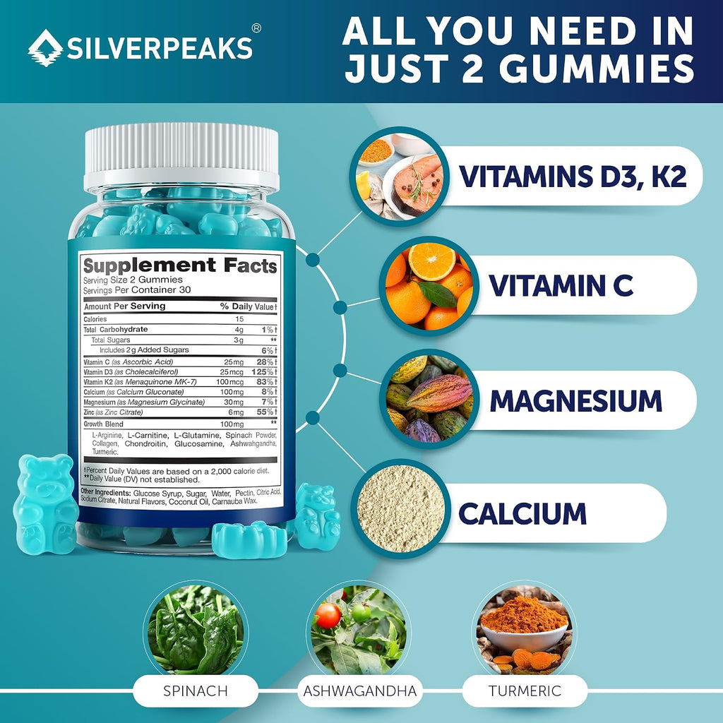 SILVERPEAKS Gominolas de Crecimiento en Altura para Niños y Adolescentes - 60 Gominolas
