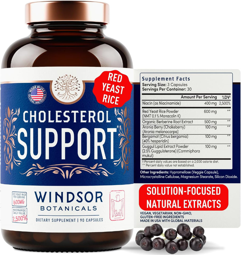WINDSOR BOTANICALS Suplemento de Colesterol con Bergamota, Niacina, Levadura de Arroz Rojo, Berberina y Aronia - 90 Cápsulas Veganas