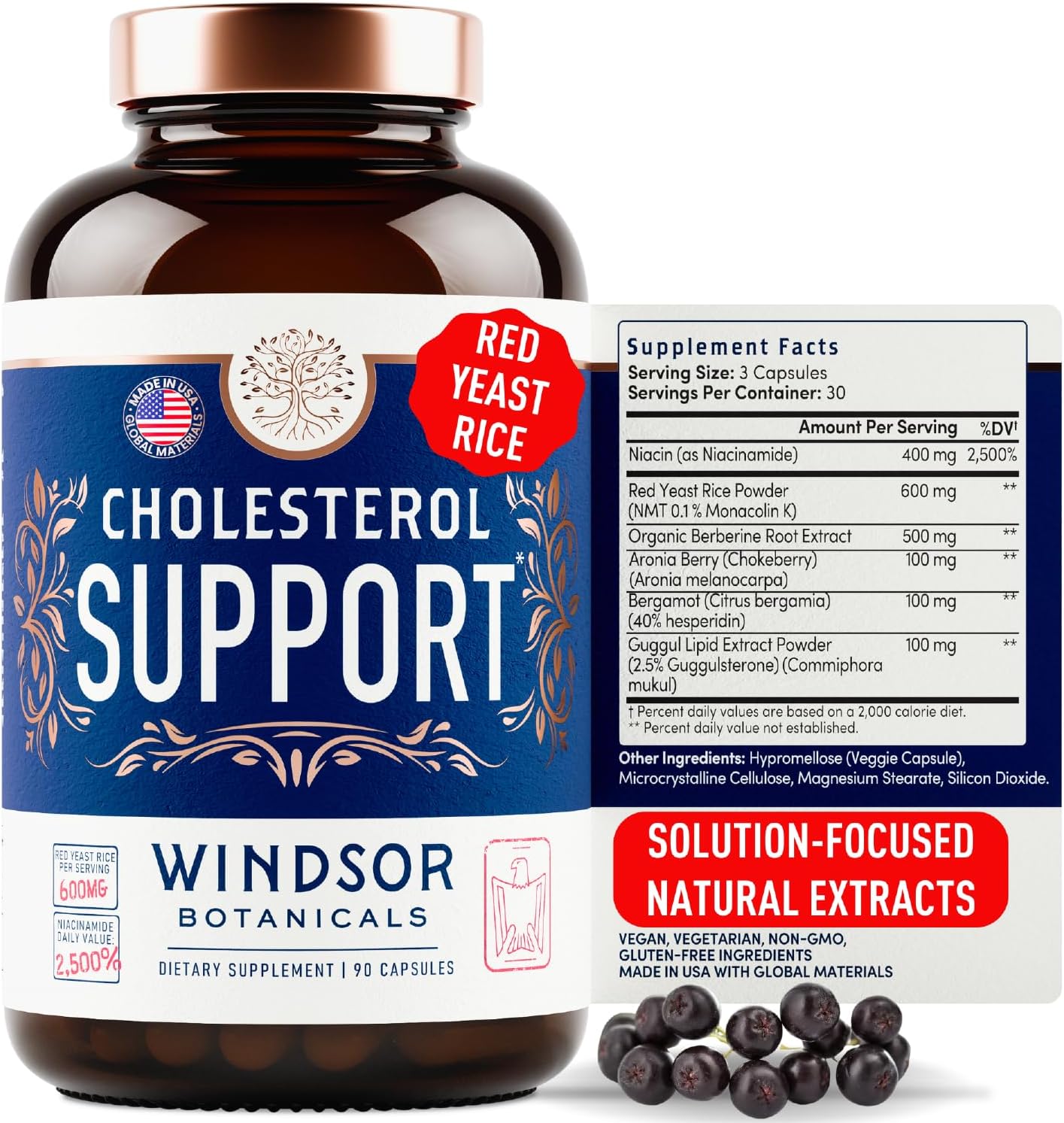 WINDSOR BOTANICALS Suplemento de Colesterol con Bergamota, Niacina, Levadura de Arroz Rojo, Berberina y Aronia - 90 Cápsulas Veganas