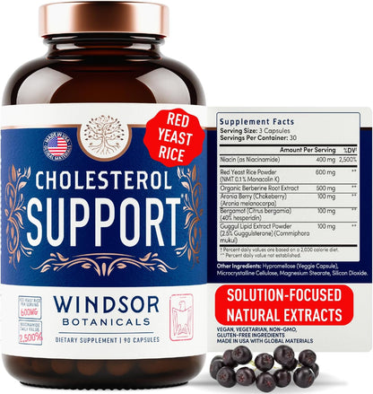 WINDSOR BOTANICALS Suplemento de Colesterol con Bergamota, Niacina, Levadura de Arroz Rojo, Berberina y Aronia - 90 Cápsulas – Image 1