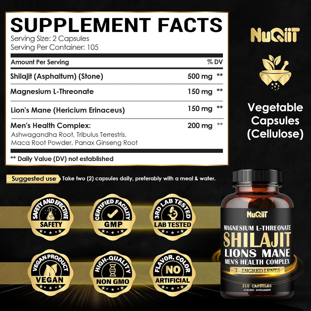 Magnesio con Lion's Mane, Shilajit, Ashwagandha, Raíz de Maca y Complejo de Salud Masculina - 210 Cápsulas