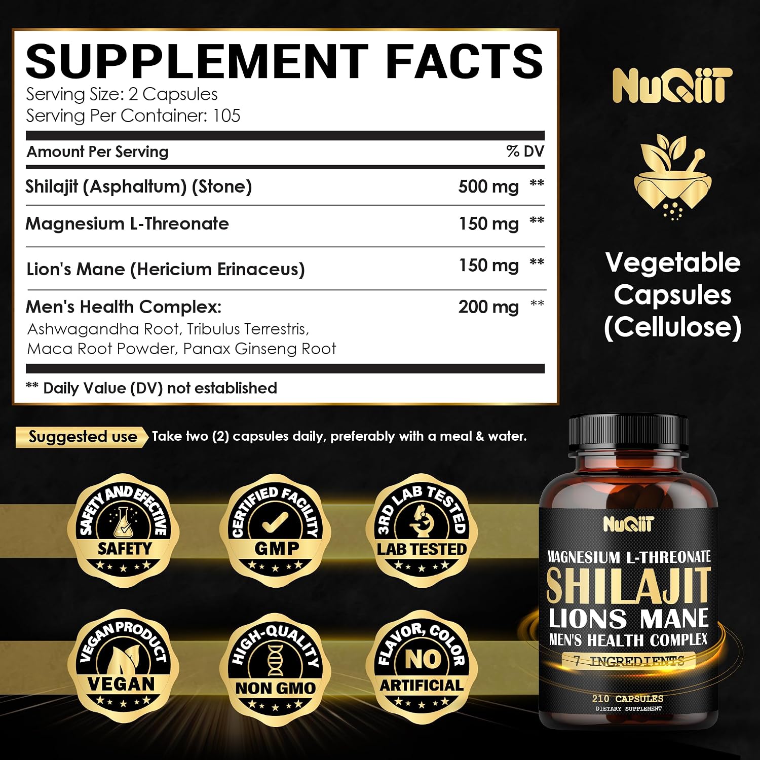 Magnesio con Lion's Mane, Shilajit, Ashwagandha, Raíz de Maca y Complejo de Salud Masculina - 210 Cápsulas