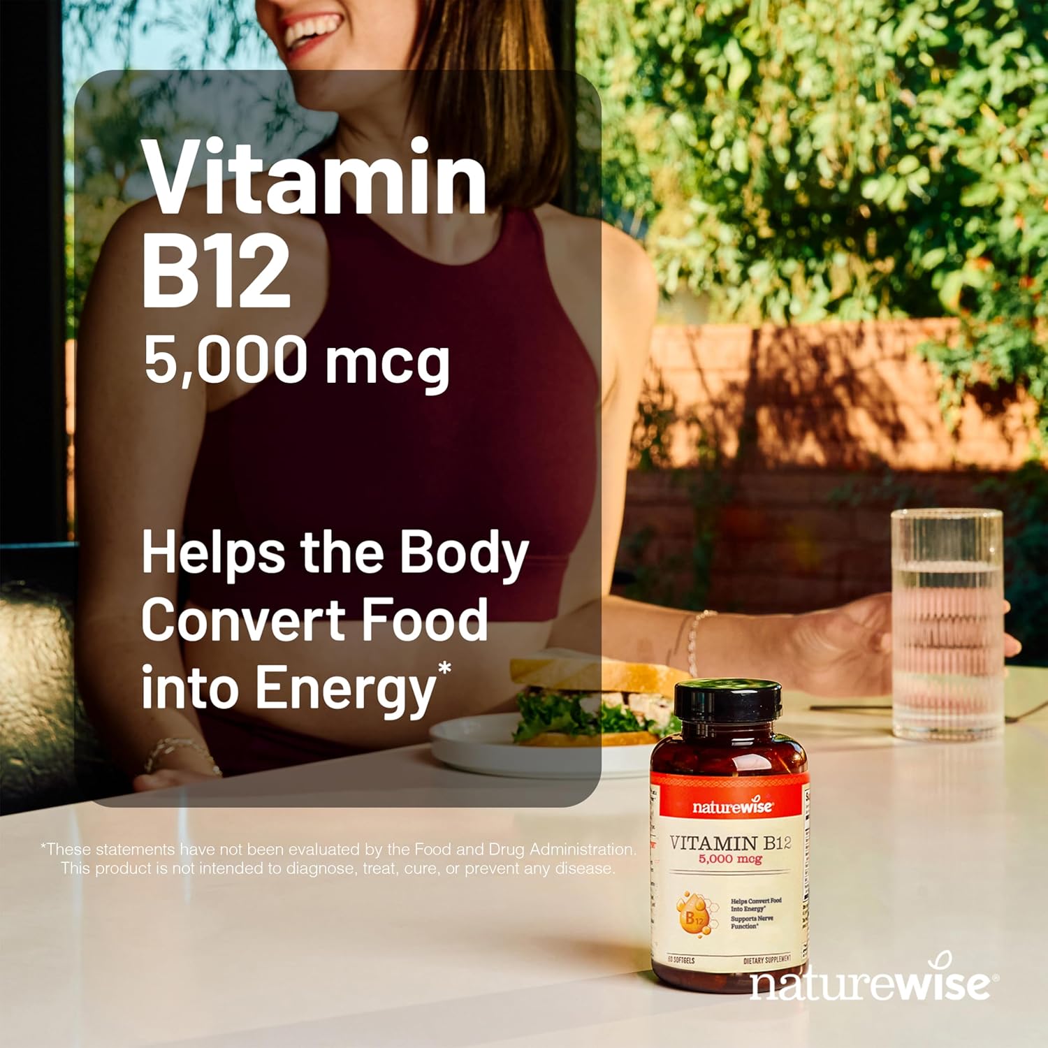 NatureWise Vitamina B12 5000 mcg - Fórmula Extra Fuerte - Complemento para Apoyar los Niveles de Energía, Claridad Mental, Salud del Sistema Nervioso - Fácil de Tragar, Sin Soja ni Gluten, No GMO - 60 Cápsulas Blandas