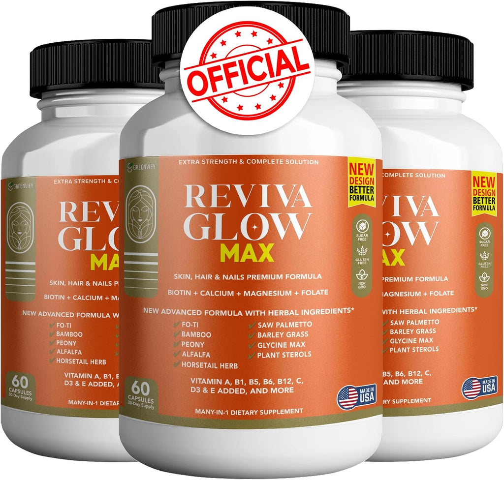 Reviva Glow Max - Apoyo para Cabello, Piel y Uñas | Biotina, Calcio, Magnesio, Folato y Mezcla de Hierbas | 120 Cápsulas, Vegano y Sin Gluten