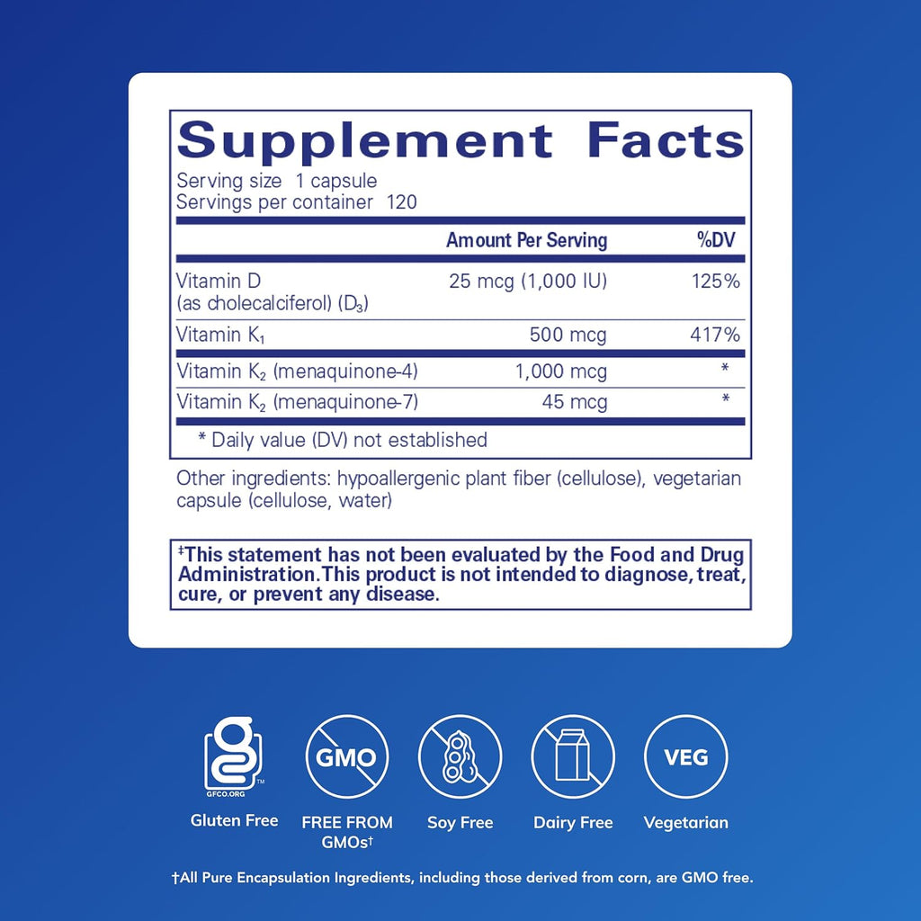 Synergy K - Vitamina D3, K1 y K2 - 120 Cápsulas - Pure Encapsulations