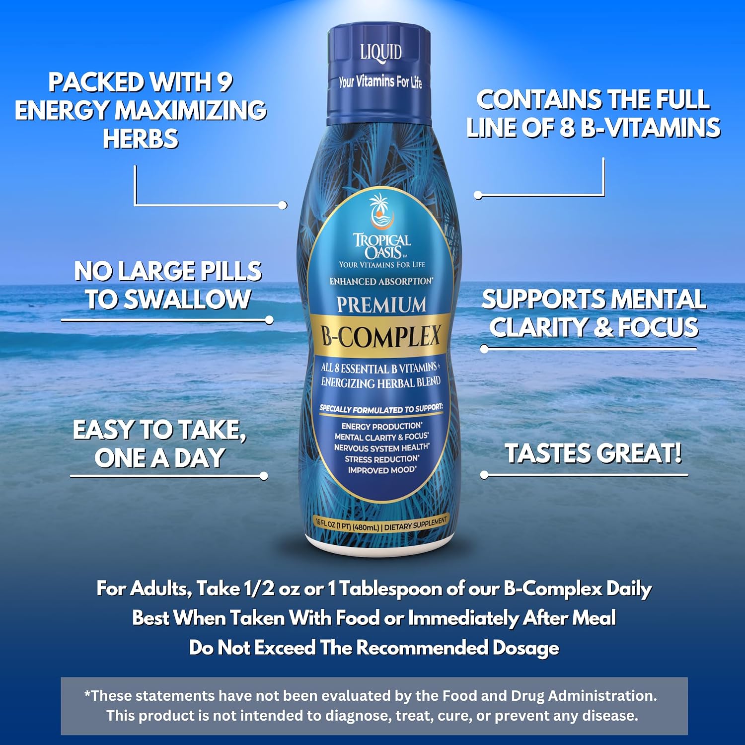 Tropical Oasis Premium Liquid B Complex with Energy Herbs - Fast Absorbing Liquid Supplement with All 8 B Vitamins - 473 ml, 32 Servings
