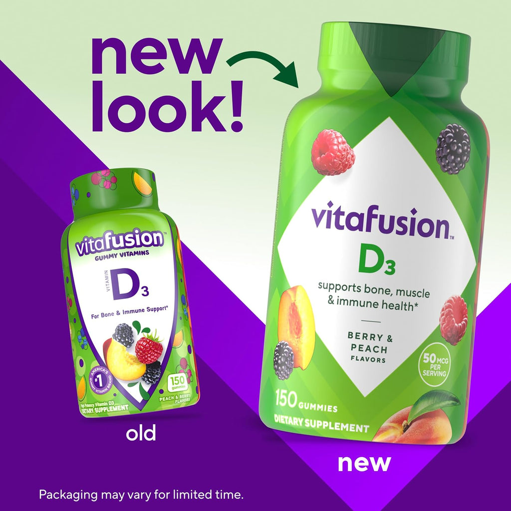 Vitafusion Vitamin D3 Gummies, Bone & Immune Support, Peach, Blackberry & Strawberry Flavors, 50 mcg (2000 IU) Vitamin D3, 150 Count, 75 Day Supply
