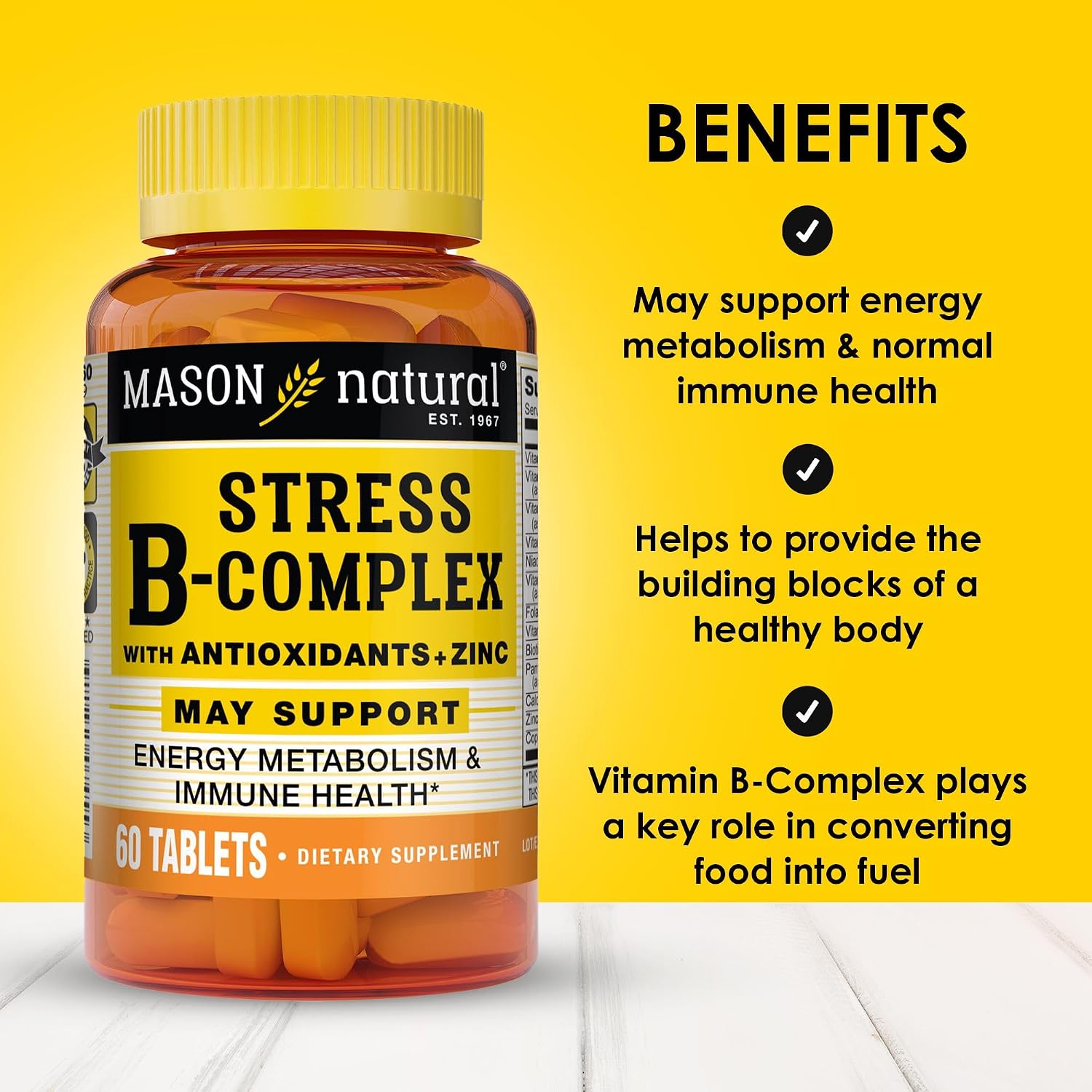 MASON NATURAL Stress B Complex con Antioxidantes y Zinc, Suministro para 6 Meses, Fórmula de Acción Dual, Apoya el Metabolismo Energético y la Salud Inmunológica, 3 Paquetes