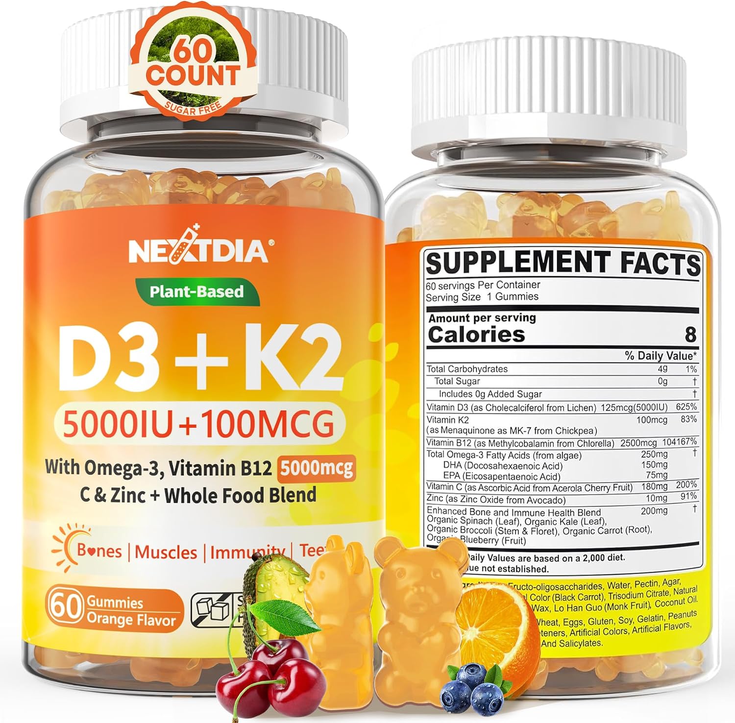 Gominolas de Vitamina D3 K2 5000IU con Omega-3, K2 MK-7 100mcg, Vitamina C, Zinc y 5 Vegetales Orgánicos - Nextdia