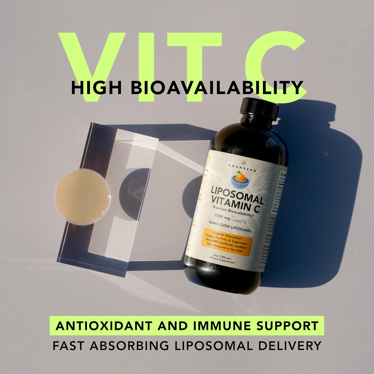 AMANDEAN Liposomal Vitamin C 1000mg 177ml - Suplemento Líquido de Vitamina C con Quali-C, Vegano, Sin Gluten