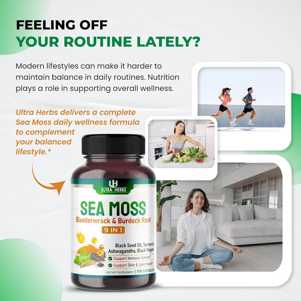 Ultra Herbs Cápsulas de Sea Moss con Aceite de Nigella, Ashwagandha, Vitamina D3 y C | 12 en 1 | Apoyo Inmunológico | 150 Cápsulas | Sin Gluten | No GMO