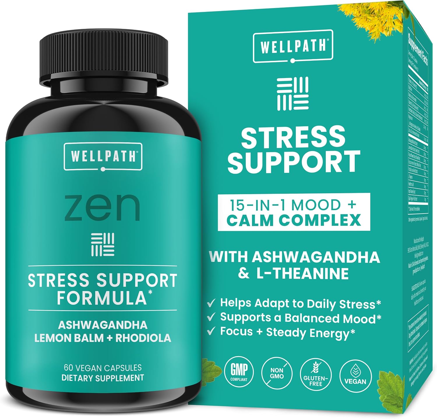 WellPath Zen – Complemento alimenticio para el estrés y el estado de ánimo | Ashwagandha, Rhodiola, L-teanina, Melisa | Cápsulas veganas, 60 unidades