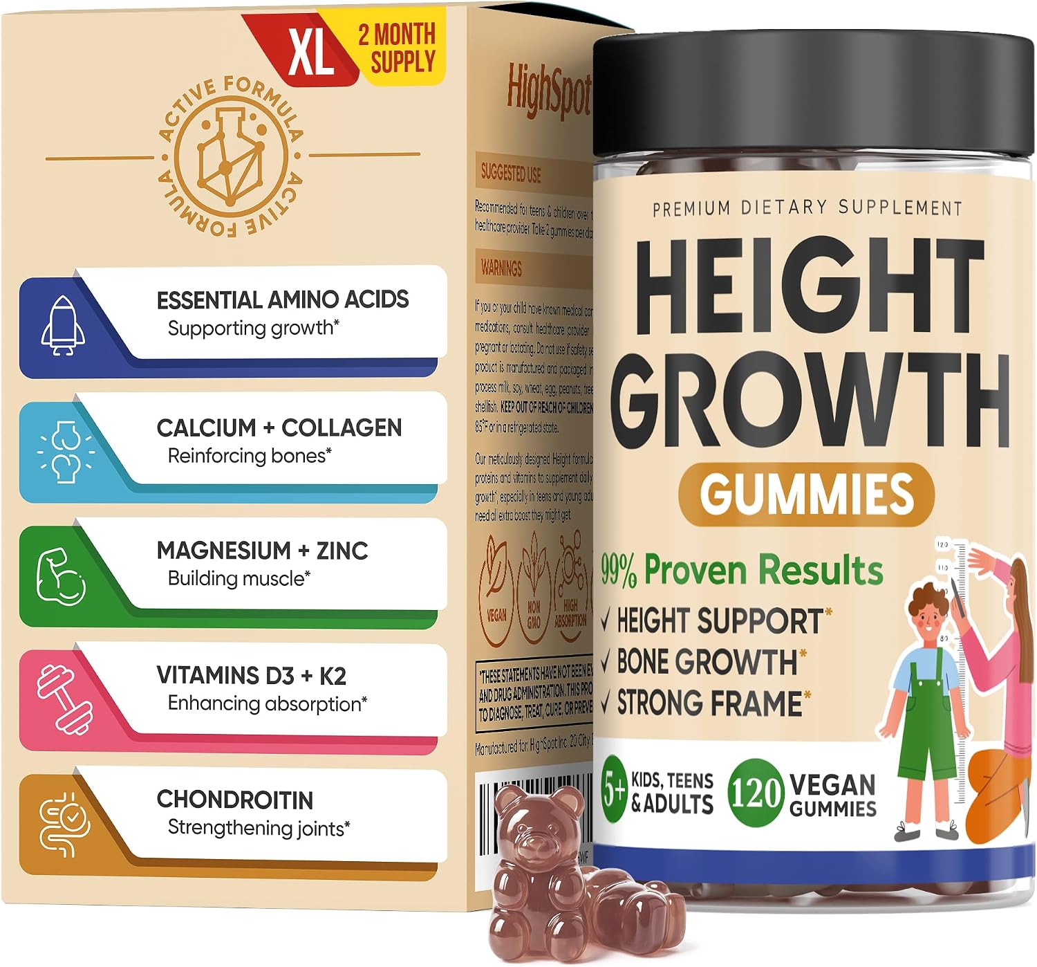 HighSpot Gominolas de Crecimiento en Altura con Calcio, Magnesio, Zinc y Vitaminas K2 D3