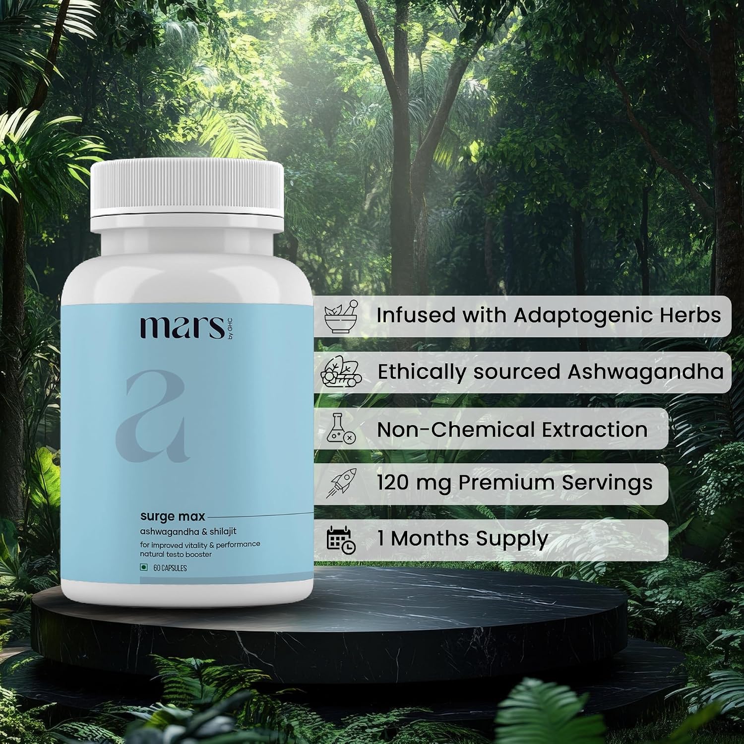 Mars Surgemax Natural Cápsulas con Shilajit y Safed Musli, Pack de 5, 300 Cápsulas