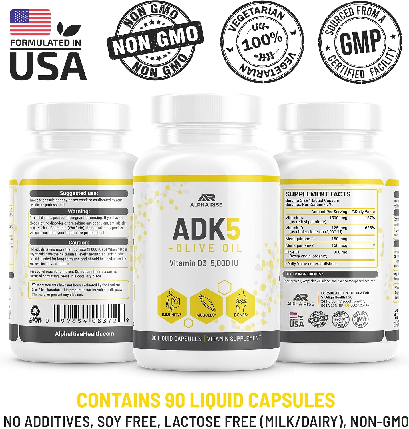 ADK 5 Suplemento con Vitaminas A, D3 y K2 (MK7+MK4) - 90 Cápsulas Líquidas Vegetarianas