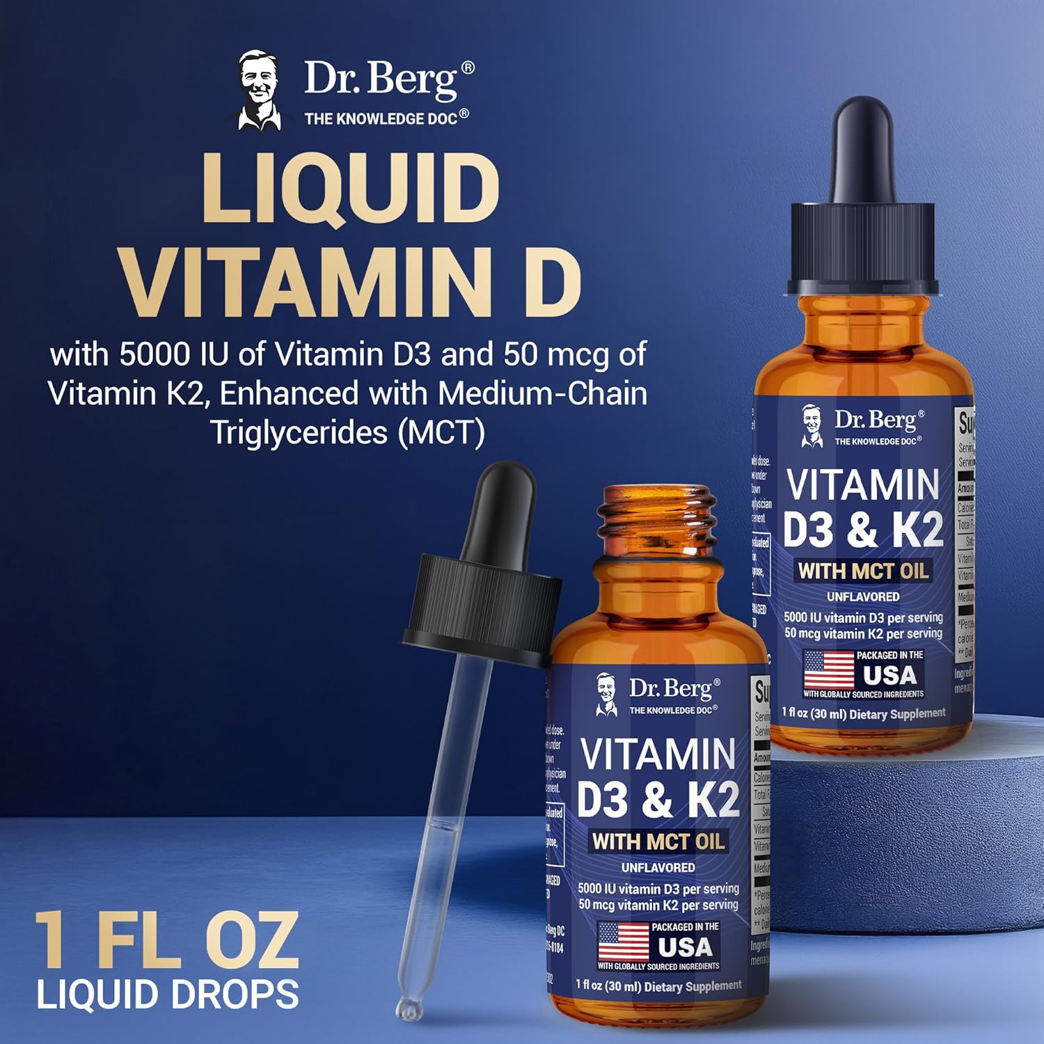 Dr. Berg Maximum Strength Vitamina D3 K2 Líquido con MCT Oil – 5000 UI de Vitamina D3 con K2 – Sin Sabor 30 ml