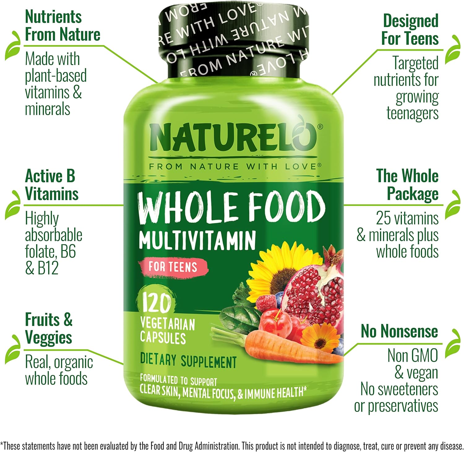 NATURELO Multivitamínico para Adolescentes (Chicas y Chicos), 120 Cápsulas, Multivitamínico de Alimentos Integrales con Minerales, No Transgénico, Vegetariano