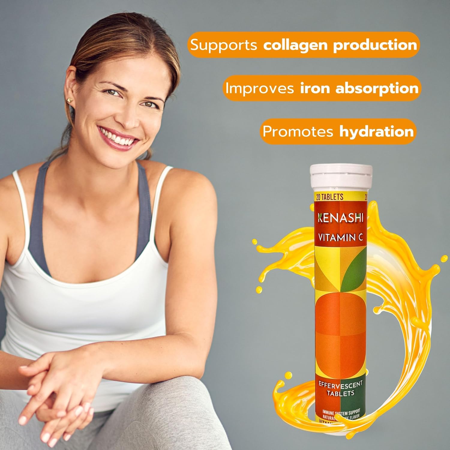 Kenashi Vitamina C 1000mg Efervescente con Zinc, Potasio, Magnesio y Vitamina E - 20 Comprimidos