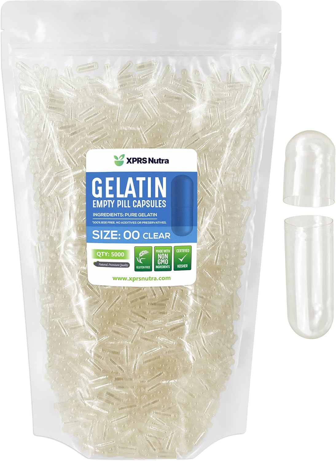 XPRS Nutra Cápsulas Vacías Tamaño 00 - 5000 Unidades - Cápsulas de Gelatina Transparentes para Rellenar