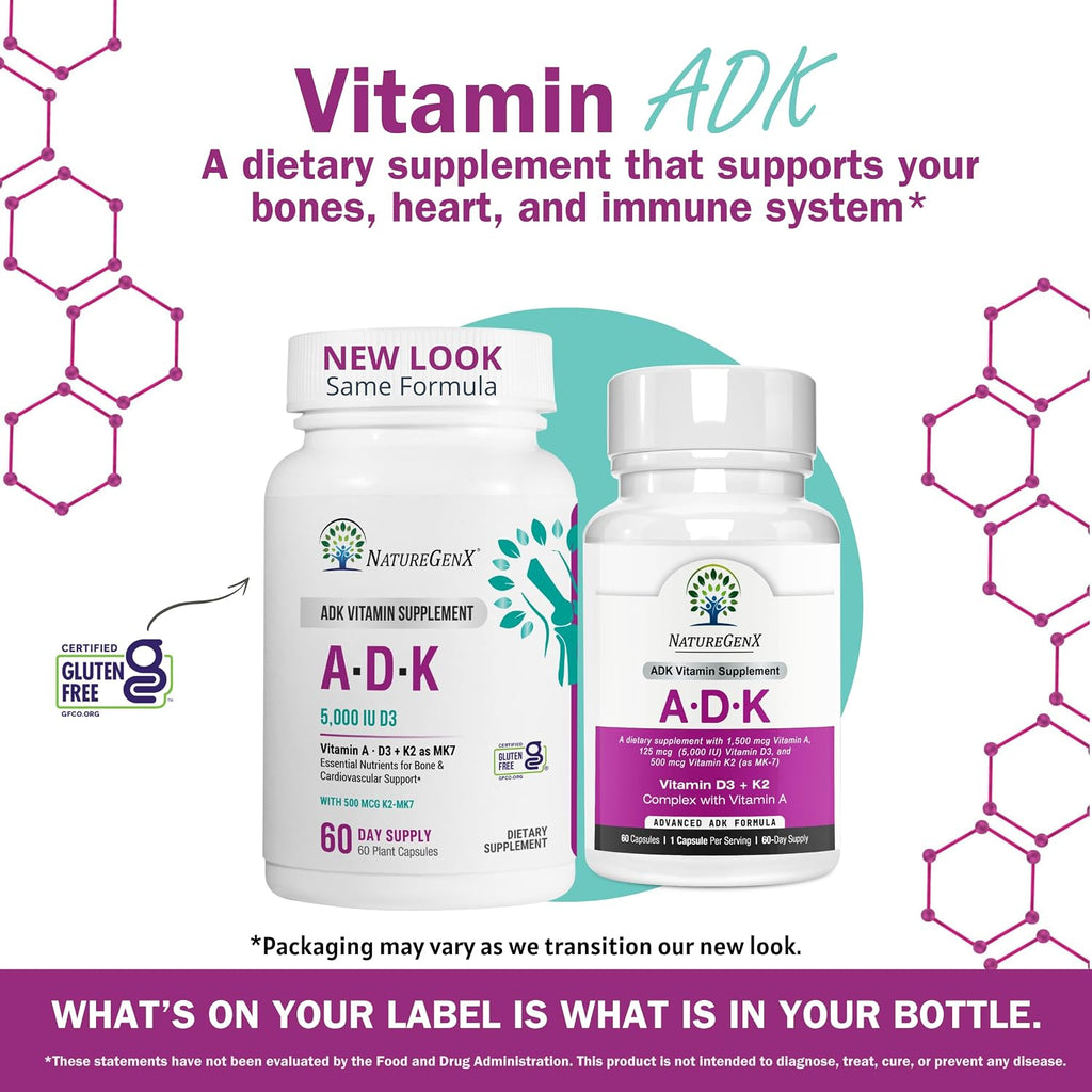 NatureGenX ADK – Vitaminas A, D3 y K2 MK-7 para la Salud Ósea – 60 Cápsulas