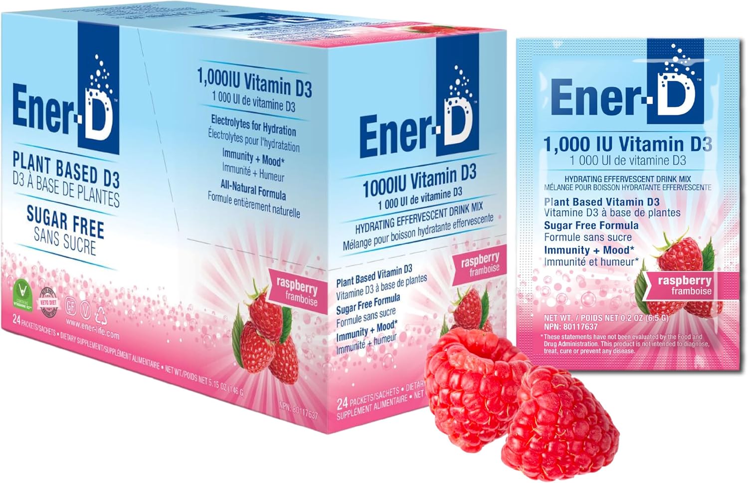 Ener-D Sugar Free Multivitamin Drink Mix - Sabor Frambuesa, 24 sobres