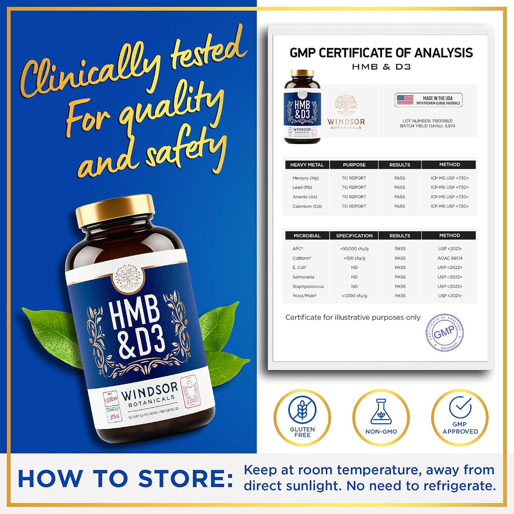 HMB y Vitamina D3 - Suplemento de HMB 1000 mg con Calcio y Vitamina D3 - 180 Cápsulas (90 Días)