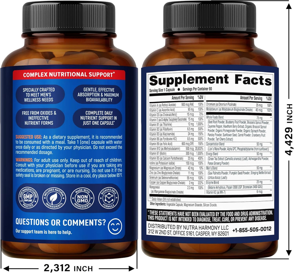 Multivitamínico para Hombres 46-en-1 - Complejo B con Alimentos Integrales y Enzimas - 90 Cápsulas